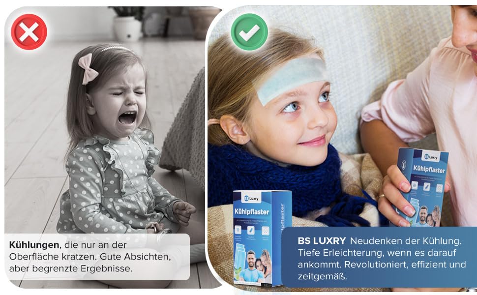 BS Luxry® 20x Kühlpflaster - bei Fieberbeschwerden und Migräne - Kühlpack bei Muskel u. Gelenkschmerzen - Kühlpads für Kinder ab 1 Jahr