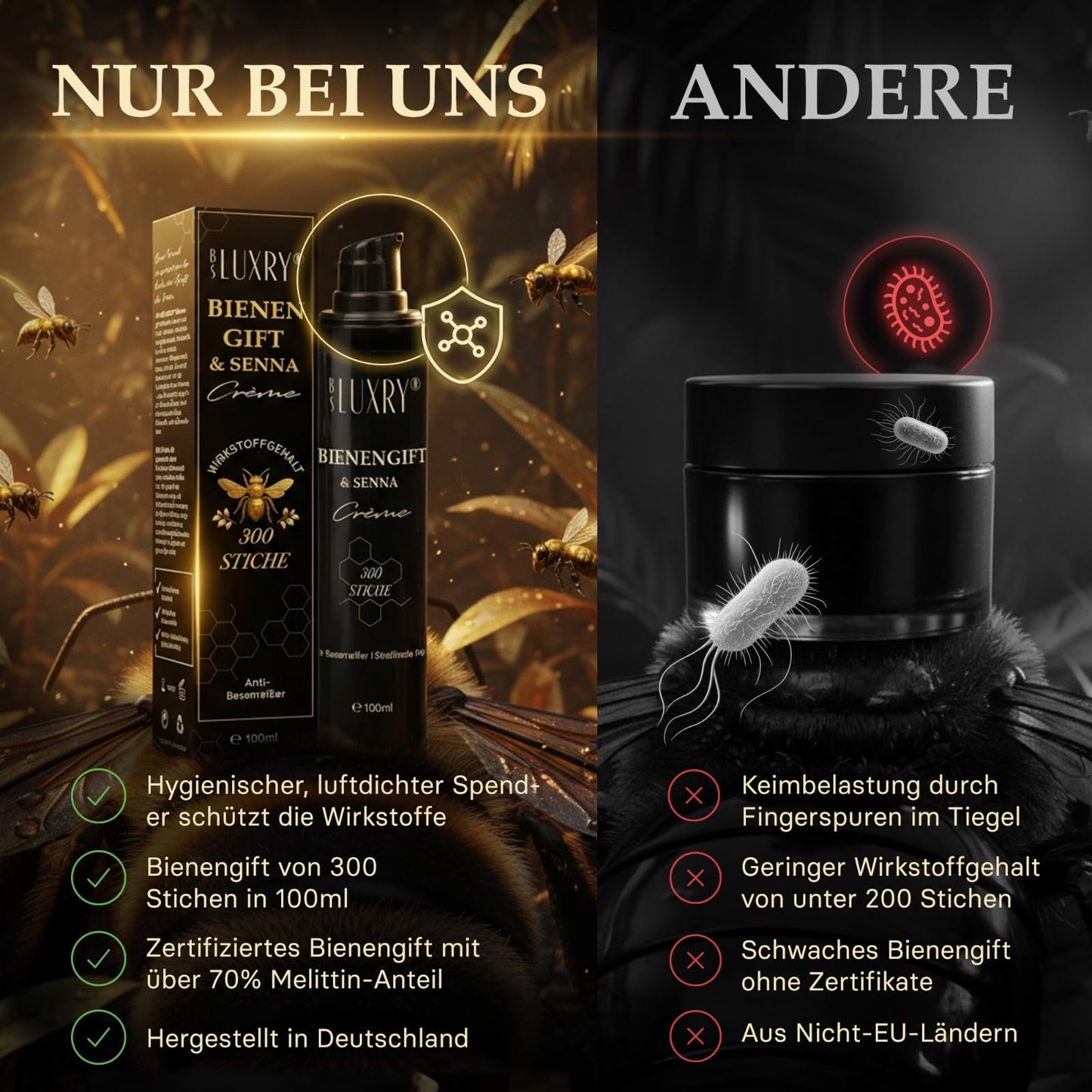 BS Luxry® Bienengift & Senna Creme 100 ml – Bienengiftsalbe gegen Besenreiser, Cellulite, Arthrose & Krampfadern – Pflege für empfindliche Haut & Bindegewebe – 300 Bienenstiche Wirkstoffkomplex