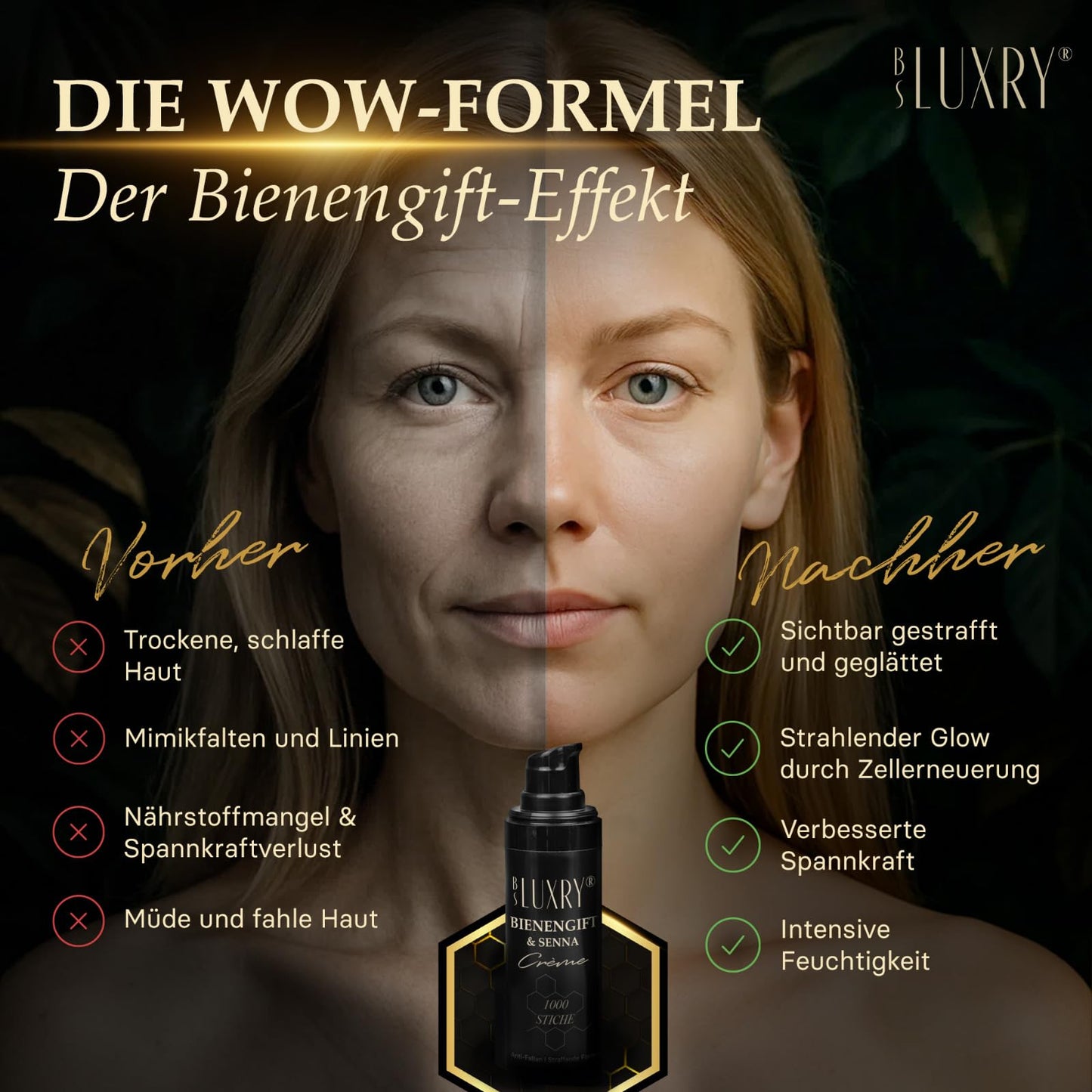 BS Luxry® Bienengift & Senna Anti-Falten Creme – 50 ml mit 1000 Bienenstichen – Hyaluron Booster & Bakuchiol – Luxuspflege für straffere Haut, Faltenreduzierung & empfindliche Haut