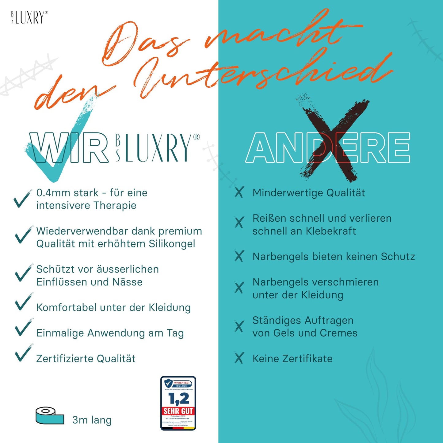 BS Luxry® Narbenpflaster 300 cm – Testsieger (Note 1,2) – Wiederverwendbares Silikonpflaster zur sichtbaren Narbenreduktion bei Kaiserschnitt, OP, Verbrennung, Keloid & Akne – UV-beständig Marke: BS Luxry