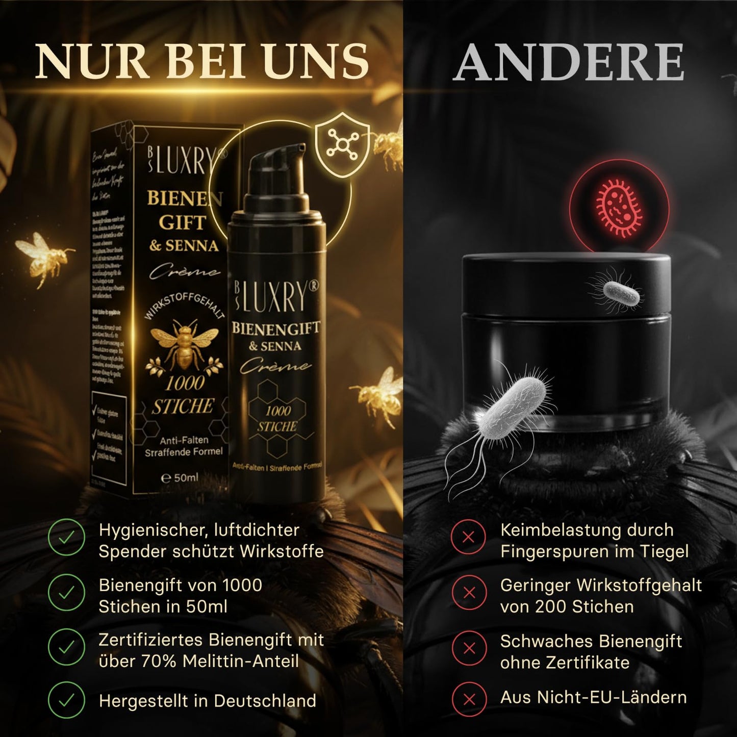 BS Luxry® Bienengift & Senna Anti-Falten Creme – 50 ml mit 1000 Bienenstichen – Hyaluron Booster & Bakuchiol – Luxuspflege für straffere Haut, Faltenreduzierung & empfindliche Haut