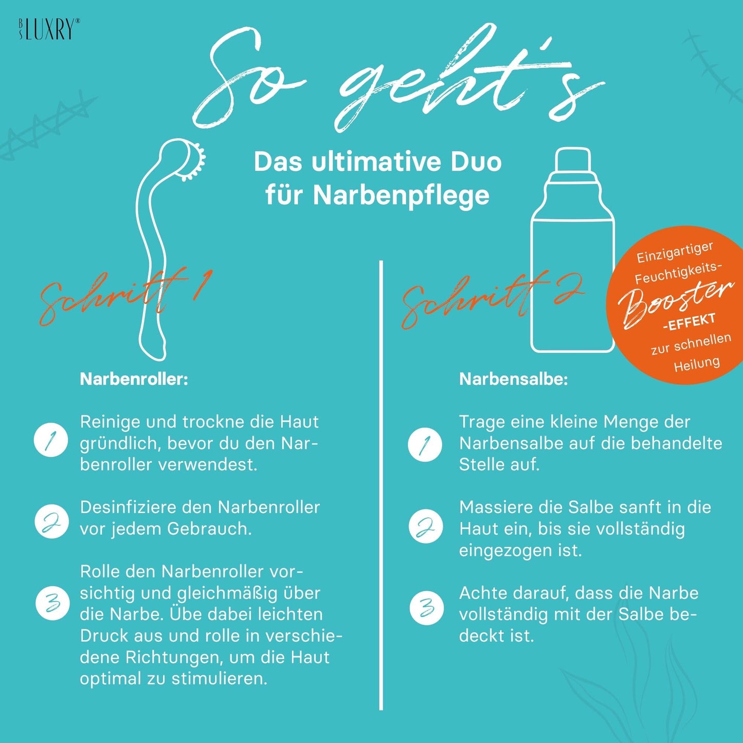 BS Luxry® Narbenpflege-Set – 30 g Narbensalbe & kühlbarer Narbenroller – 3-fach Pflegewirkung zur intensiven Narbenpflege & Hautglättung – Für Narben, Dehnungsstreifen & empfindliche Haut