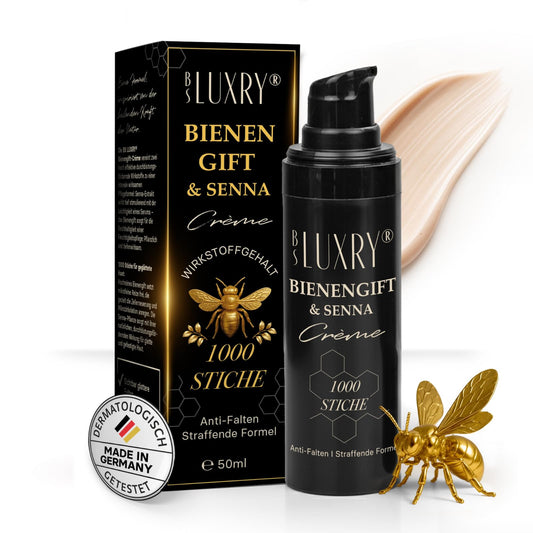 BS Luxry® Bienengift & Senna Anti-Falten Creme – 50 ml mit 1000 Bienenstichen – Hyaluron Booster & Bakuchiol – Luxuspflege für straffere Haut, Faltenreduzierung & empfindliche Haut