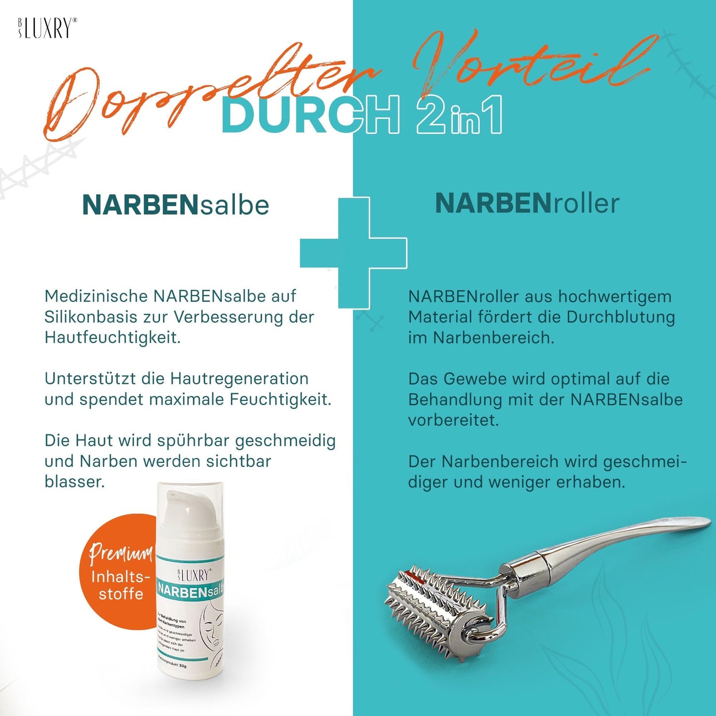 BS Luxry® Narbenpflege-Set – 30 g Narbensalbe & kühlbarer Narbenroller – 3-fach Pflegewirkung zur intensiven Narbenpflege & Hautglättung – Für Narben, Dehnungsstreifen & empfindliche Haut