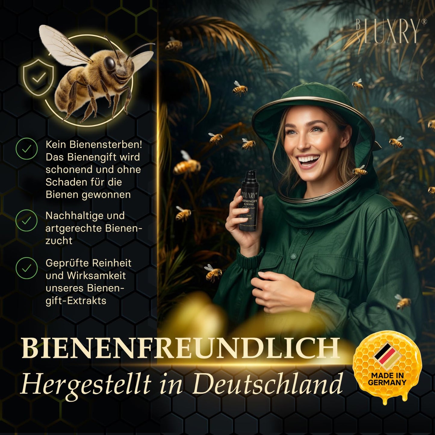 BS Luxry® Bienengift & Senna Creme 100 ml – Bienengiftsalbe gegen Besenreiser, Cellulite, Arthrose & Krampfadern – Pflege für empfindliche Haut & Bindegewebe – 300 Bienenstiche Wirkstoffkomplex