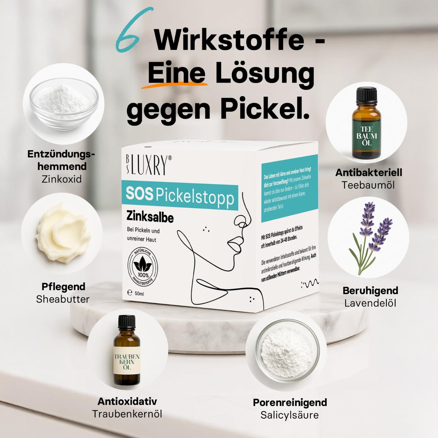 BS Luxry® Zinksalbe gegen Pickel & Akne – 50ml – mit Zinkoxid, Teebaumöl, Salicylsäure, Lavendel & Sheabutter – bei unreiner Haut, Mitessern- reduziert sichtbare Poren & Rosacea