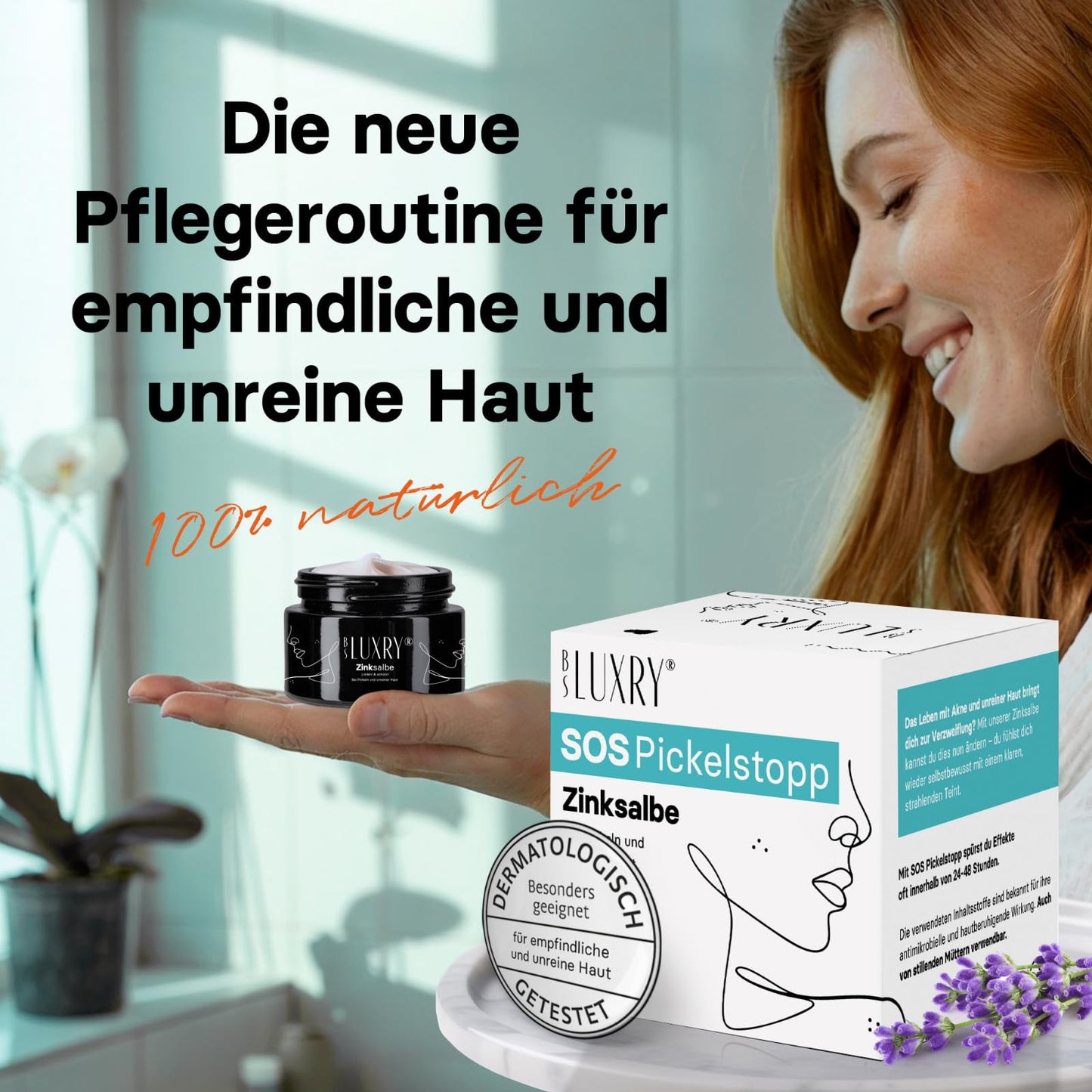 BS Luxry® Zinksalbe gegen Pickel & Akne – 50ml – mit Zinkoxid, Teebaumöl, Salicylsäure, Lavendel & Sheabutter – bei unreiner Haut, Mitessern- reduziert sichtbare Poren & Rosacea