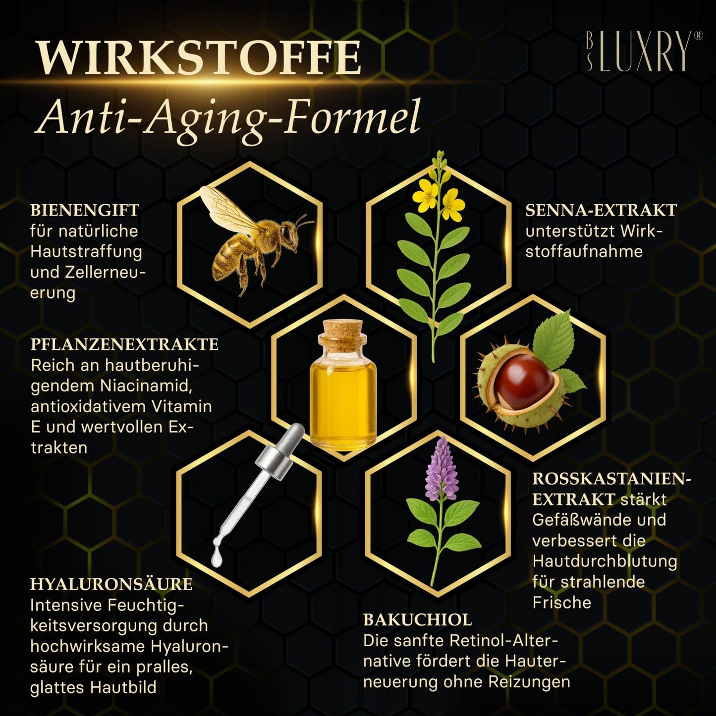 BS Luxry® Bienengift & Senna Anti-Falten Creme – 50 ml mit 1000 Bienenstichen – Hyaluron Booster & Bakuchiol – Luxuspflege für straffere Haut, Faltenreduzierung & empfindliche Haut