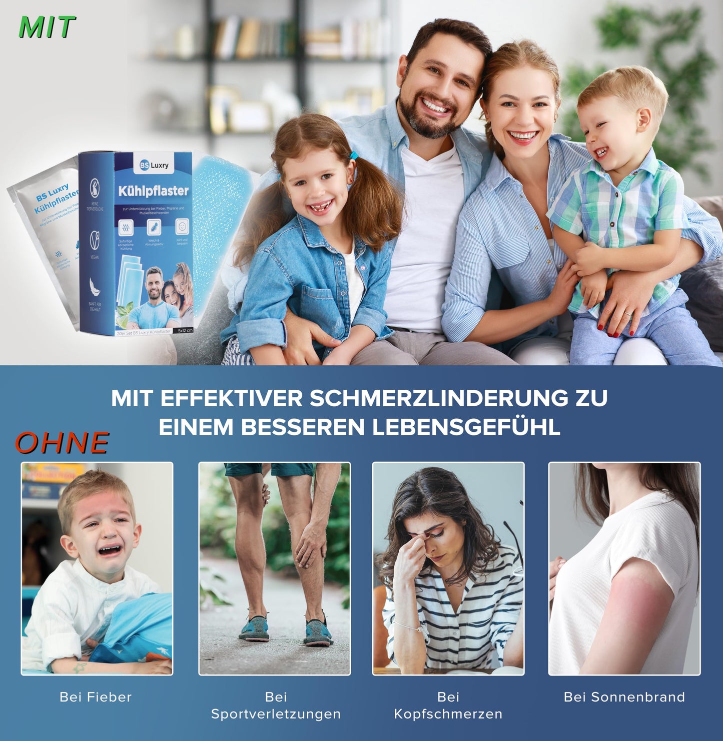BS Luxry® 20x Kühlpflaster - bei Fieberbeschwerden und Migräne - Kühlpack bei Muskel u. Gelenkschmerzen - Kühlpads für Kinder ab 1 Jahr