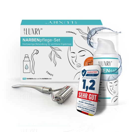 BS Luxry® Narbenpflege-Set – 30 g Narbensalbe & kühlbarer Narbenroller – 3-fach Pflegewirkung zur intensiven Narbenpflege & Hautglättung – Für Narben, Dehnungsstreifen & empfindliche Haut