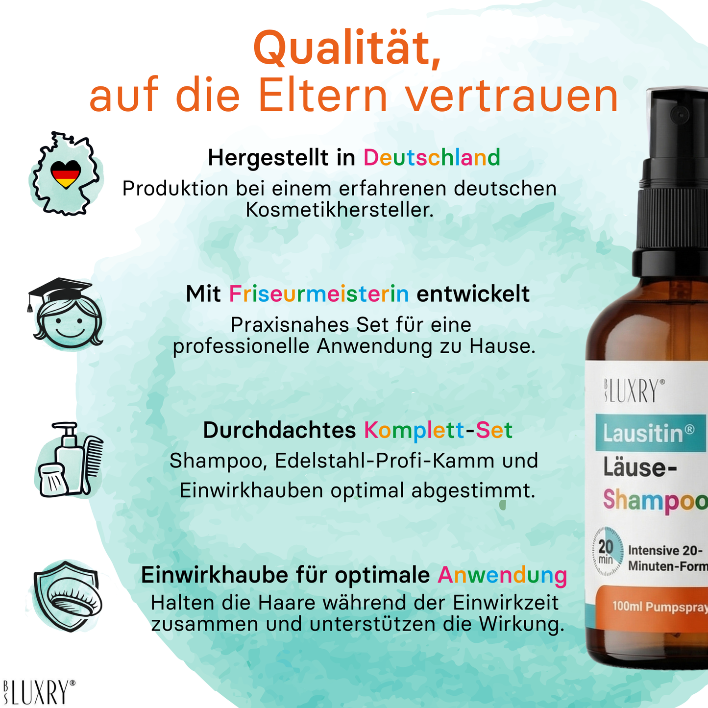 Läusetin® Läuseshampoo 100ml – gegen Kopfläuse & Nissen – mit Kopfhaube & Metallkamm Set – für Erwachsene & Kinder ab 3 Jahren – wirkt in 20 Minuten