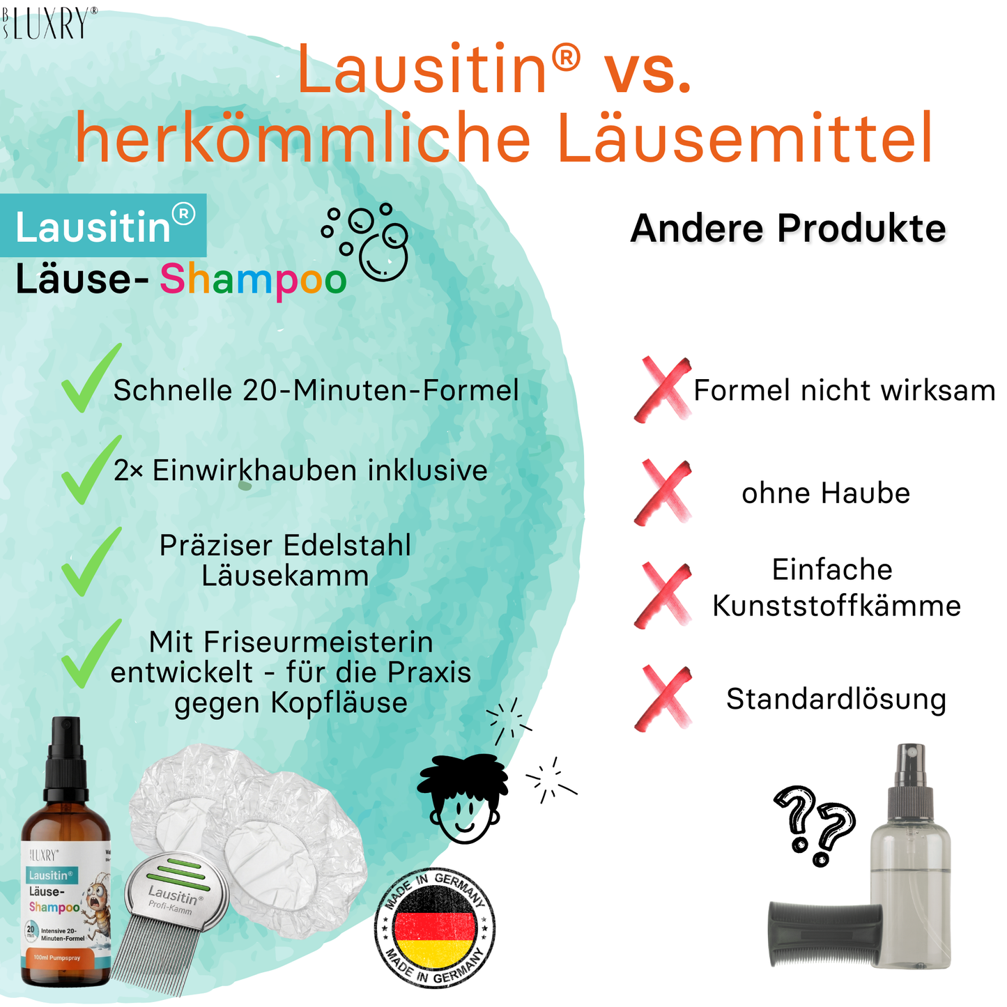 Läusetin® Läuseshampoo 100ml – gegen Kopfläuse & Nissen – mit Kopfhaube & Metallkamm Set – für Erwachsene & Kinder ab 3 Jahren – wirkt in 20 Minuten